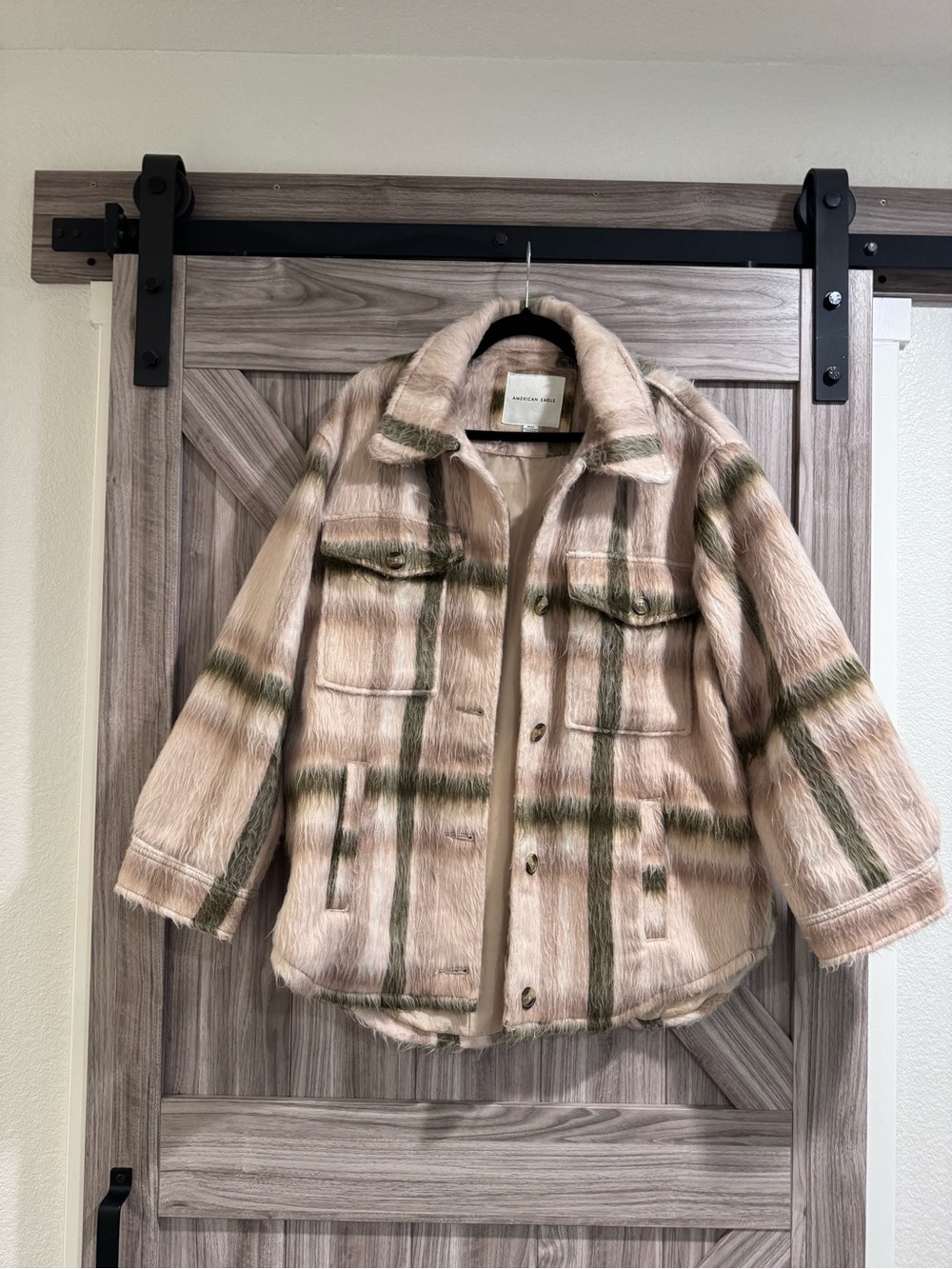 American Eagle Plaid Shacket in Beige and Olive